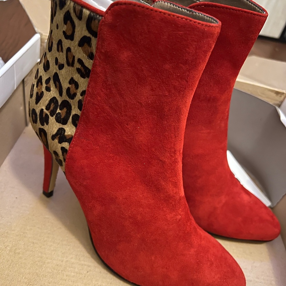 Red suede with leopard heeled boots